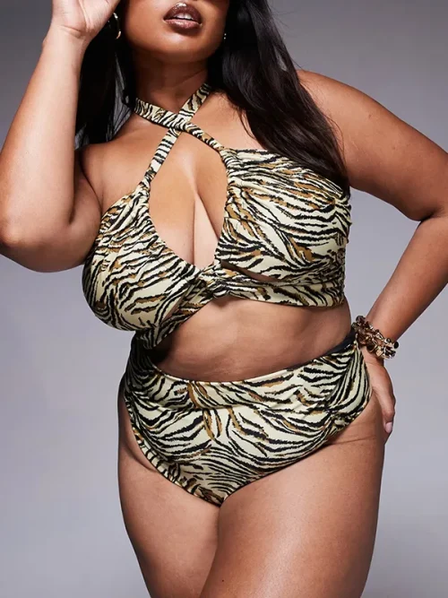 Custom tiger print cross hollowing bathing suits plus size - Image 2