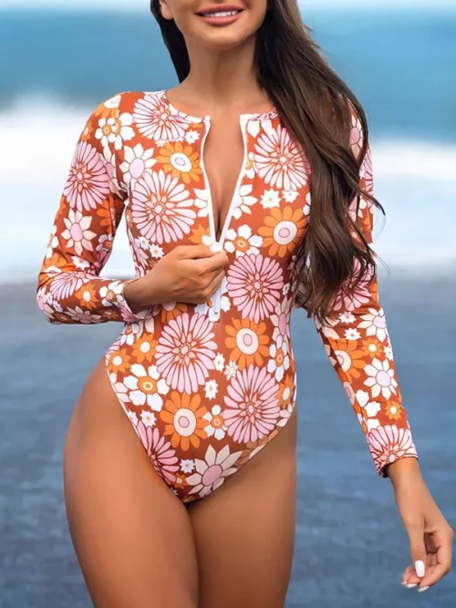 Customized floral print long-sleeved surf one piece bathing suits - Image 4