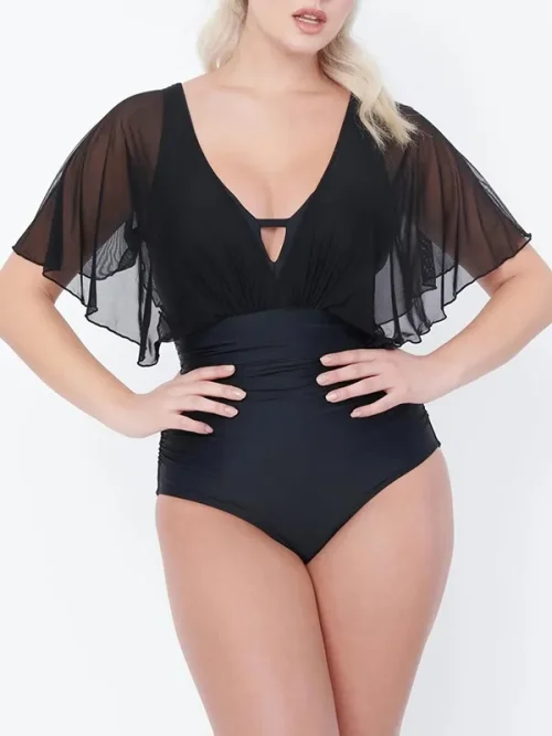 Customize deep V see-through flying sleeves bathing suit