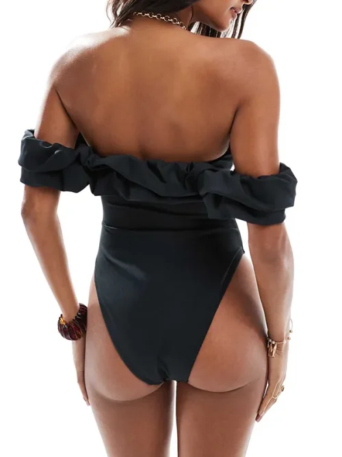 Custom design your own black off-the-shoulder ruffled bathing suit - Image 4