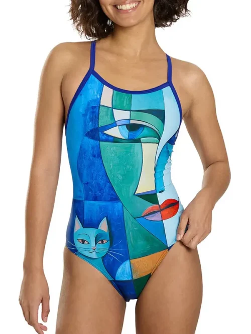 Custom blue geometric patchwork bathing suits with face print - Image 2