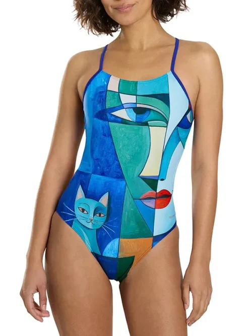 Custom blue geometric patchwork bathing suits with face print