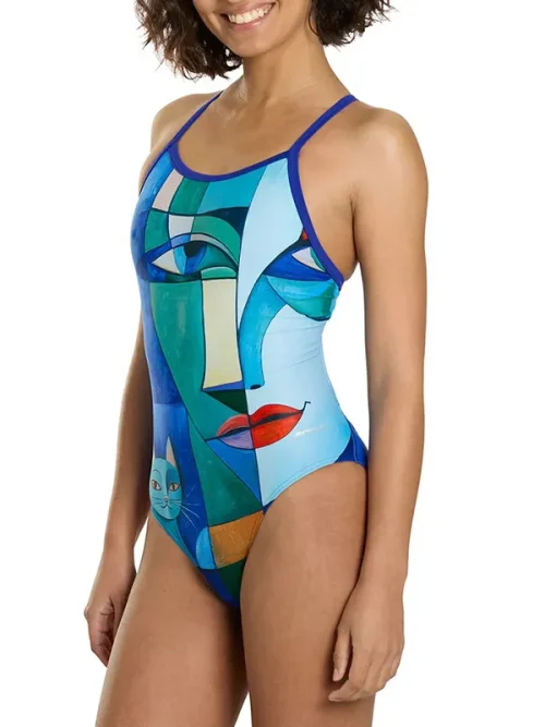 Custom blue geometric patchwork bathing suits with face print - Image 5
