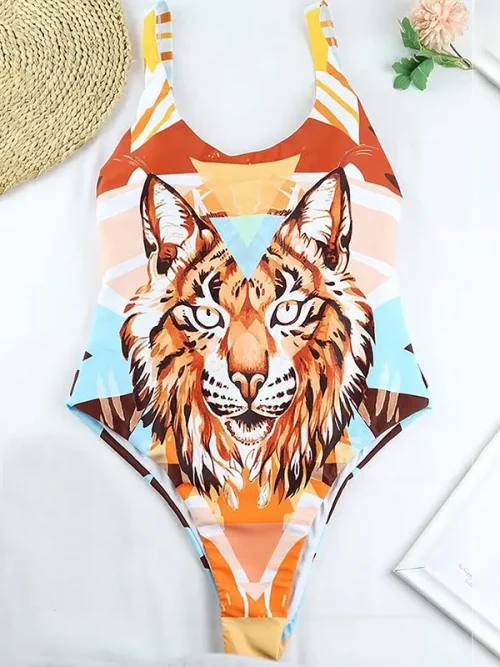 Custom lynx face print geometric color block bathing suits - Image 3