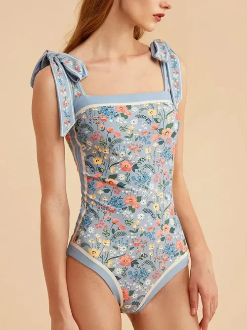 Custom light blue bow-design bathing suits with floral picture print - Image 2