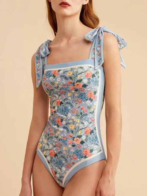 Custom light blue bow-design bathing suits with floral picture print