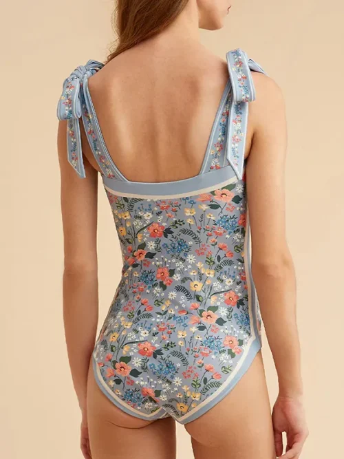 Custom light blue bow-design bathing suits with floral picture print - Image 3